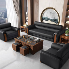 Stylish Solid Wood Sofa with Faux Leather Upholstery in Black, Light Brown, and Gray fsj-1035