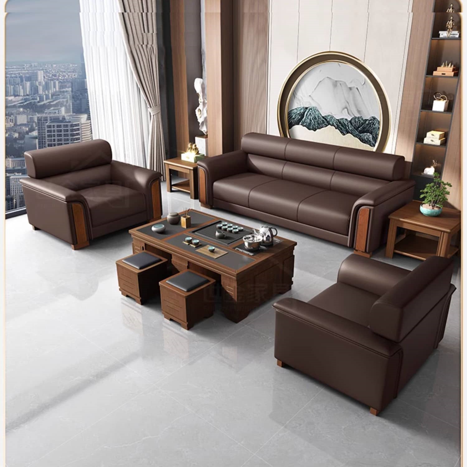 Stylish Solid Wood Sofa with Faux Leather Upholstery in Black, Light Brown, and Gray fsj-1035