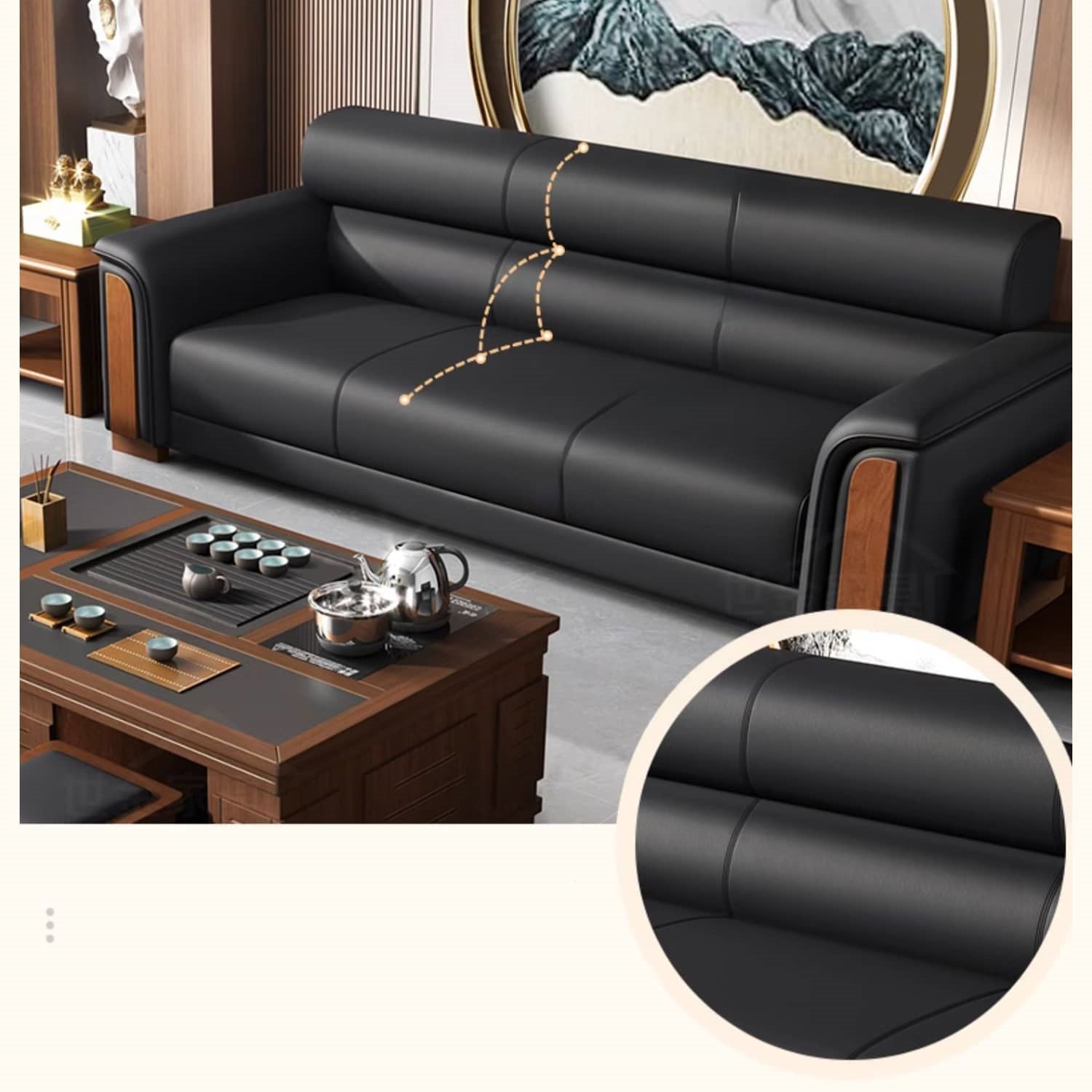 Stylish Solid Wood Sofa with Faux Leather Upholstery in Black, Light Brown, and Gray fsj-1035