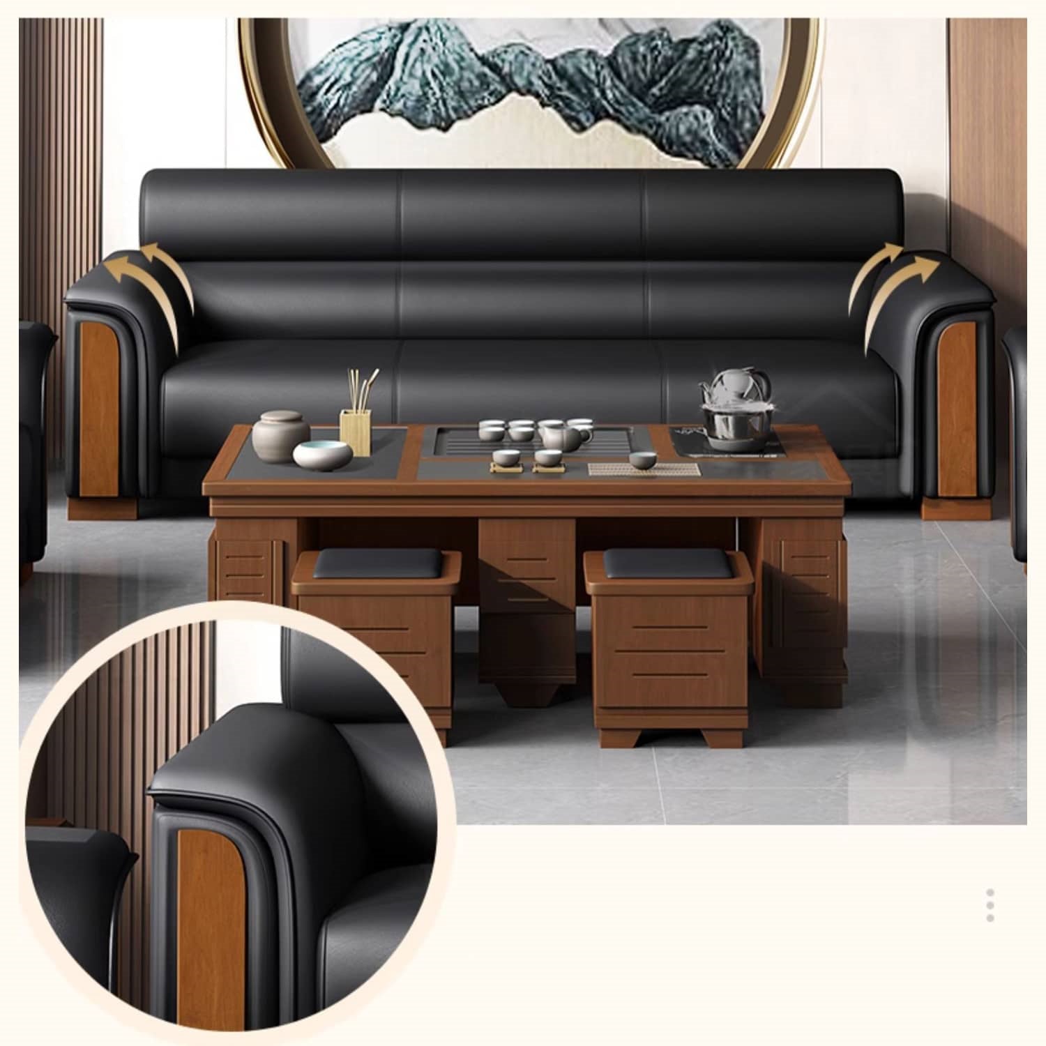 Stylish Solid Wood Sofa with Faux Leather Upholstery in Black, Light Brown, and Gray fsj-1035