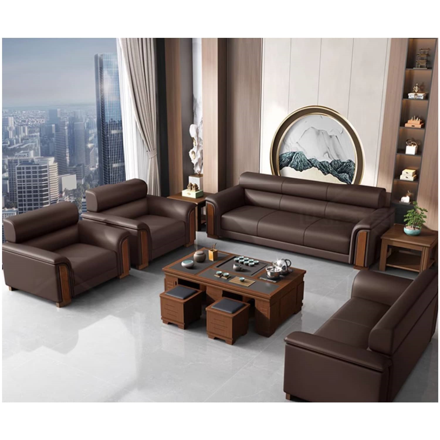 Stylish Solid Wood Sofa with Faux Leather Upholstery in Black, Light Brown, and Gray fsj-1035