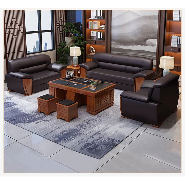 Elegant Black and Light Brown Solid Wood Faux Leather Sofa for Luxurious Living Rooms fsj-1036