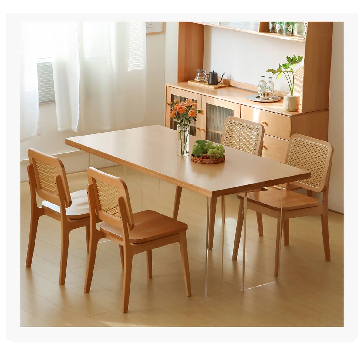 Modern Beech Wood Dining Table with Double Acrylic Pedestals for 6 fslmz-1078