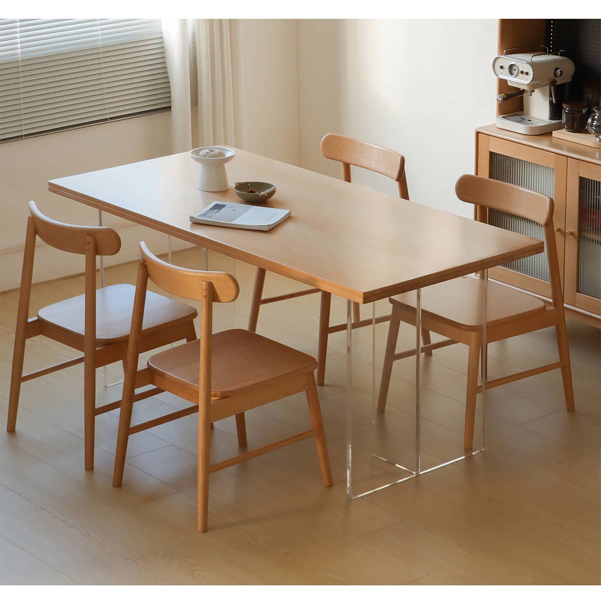 Modern Beech Wood Dining Table with Double Acrylic Pedestals for 6 fslmz-1078