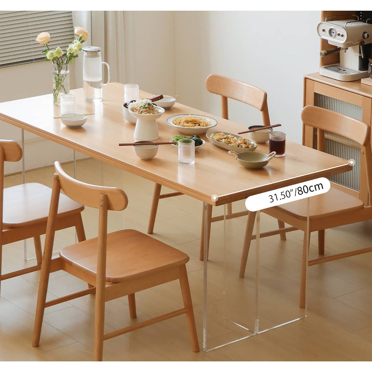 Modern Beech Wood Dining Table with Double Acrylic Pedestals for 6 fslmz-1078