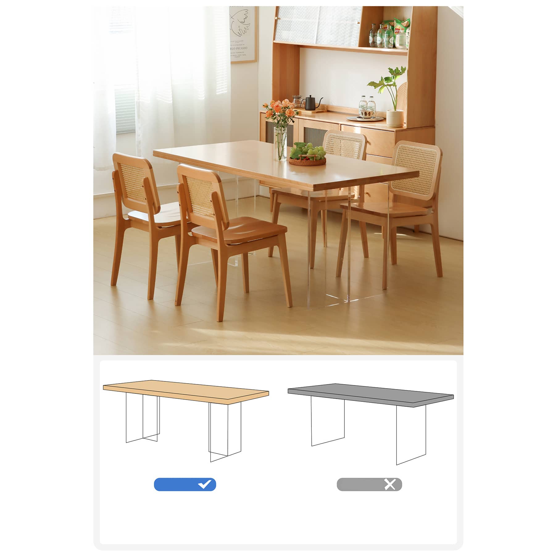 Modern Beech Wood Dining Table with Double Acrylic Pedestals for 6 fslmz-1078