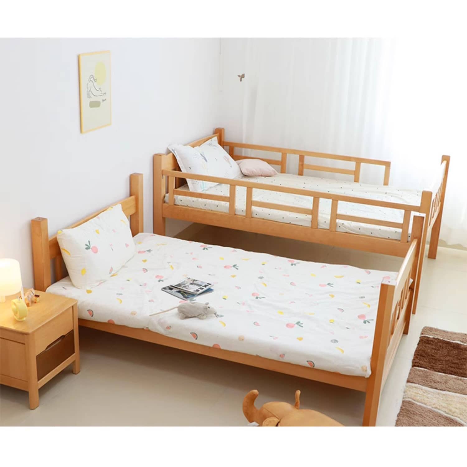 Modern Beech Wood Bunk Bed for Kids in Natural Wood Color with Drawers for Storage fslmz-1103