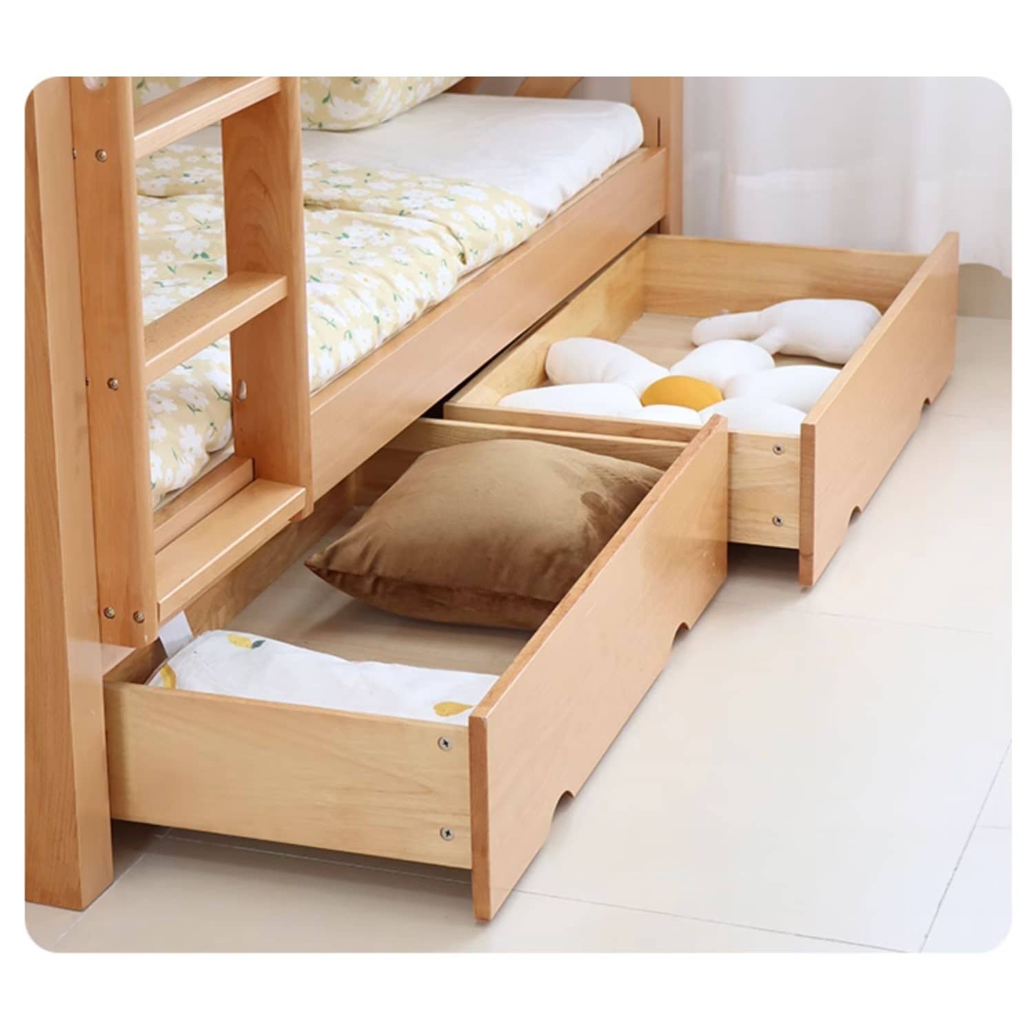 Modern Beech Wood Bunk Bed for Kids in Natural Wood Color with Drawers for Storage fslmz-1103