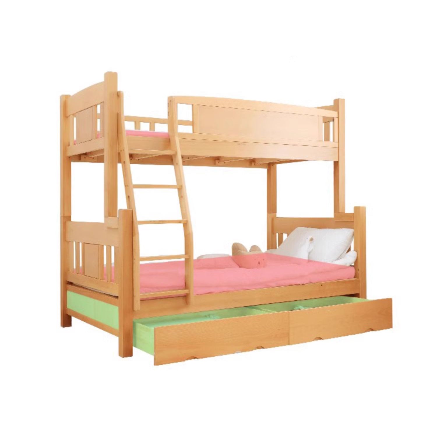 Modern Beech Wood Bunk Bed for Kids in Natural Wood Color with Drawers for Storage fslmz-1103