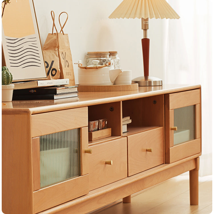 Elegant Natural Beech & Rubber Wood TV Cabinet with Glass Doors fslmz-1110