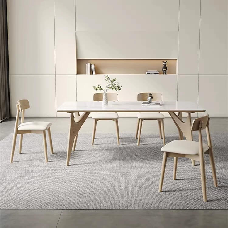 Elegant White Table with Sintered Stone and Ash Wood Multi-Layer Board - Modern Design fsm-313