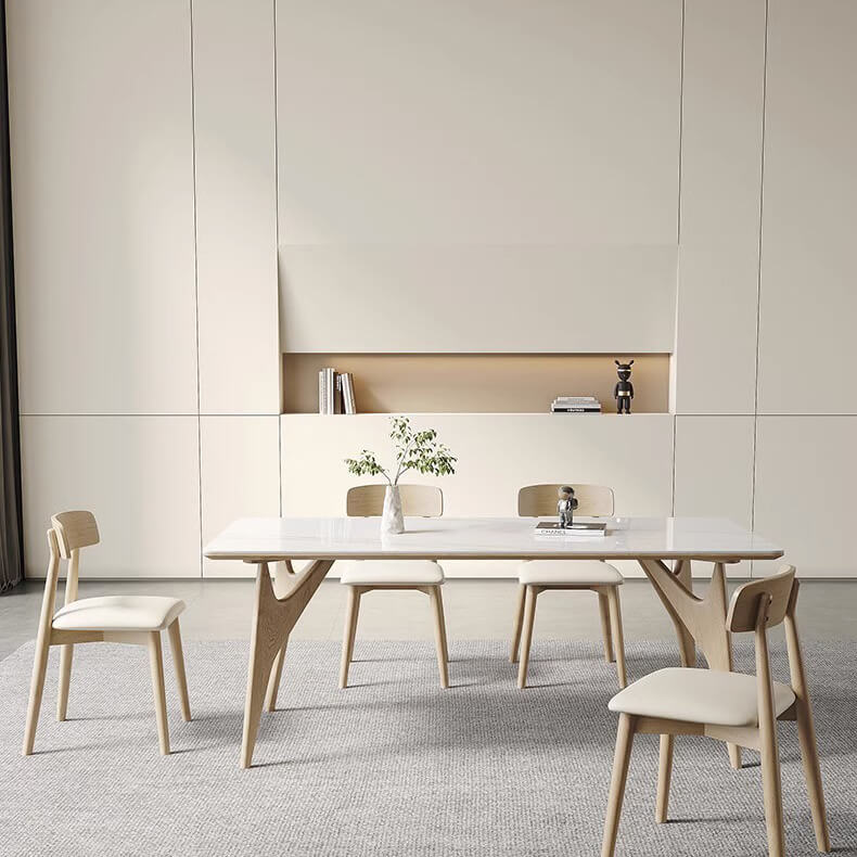 Elegant White Table with Sintered Stone and Ash Wood Multi-Layer Board - Modern Design fsm-313