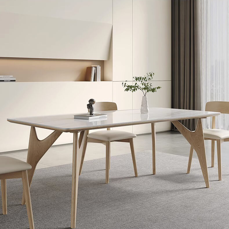 Elegant White Table with Sintered Stone and Ash Wood Multi-Layer Board - Modern Design fsm-313