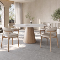 Elegant Natural Wood & Sintered Stone Table - Modern White & Gray Finish with Ash Wood Layers fsm-315