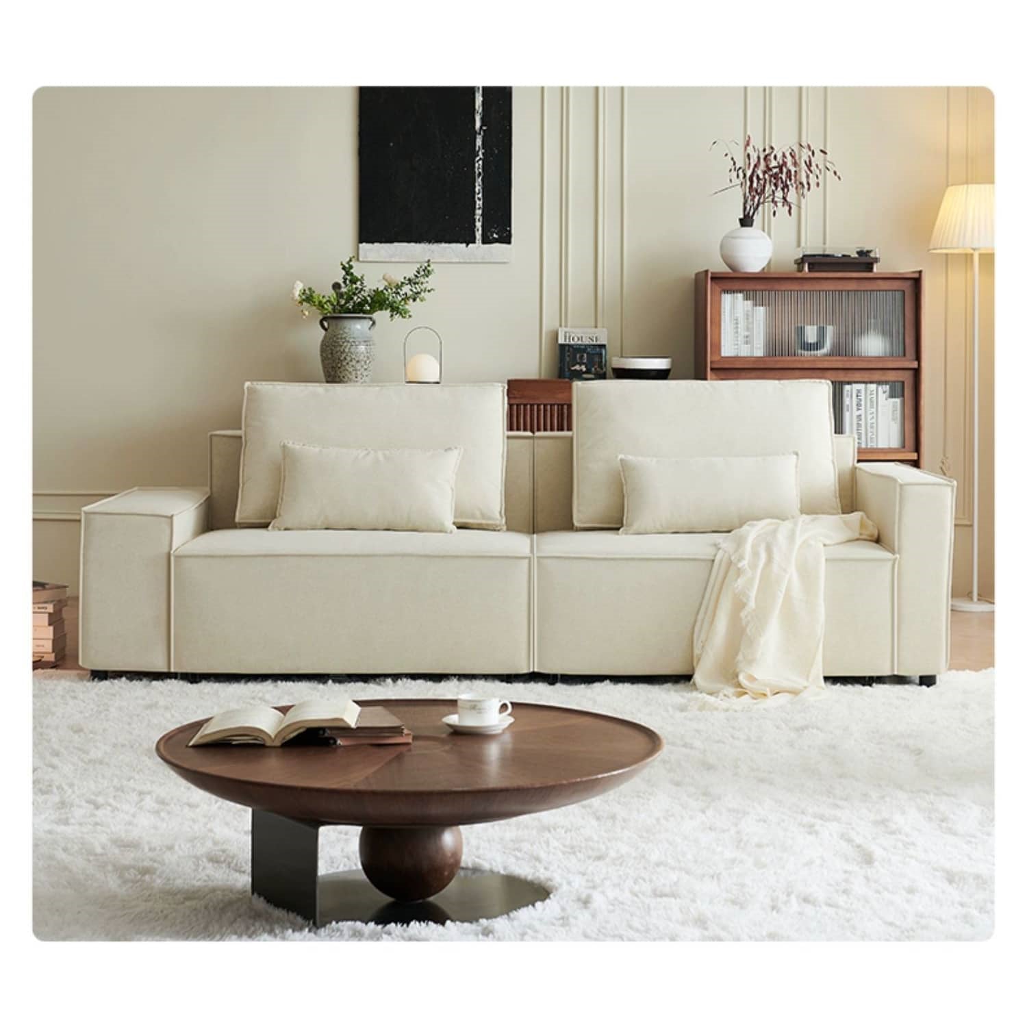 Stylish Beige Faux Leather Sofa with Elegant Pine Wood Frame fwlp-939