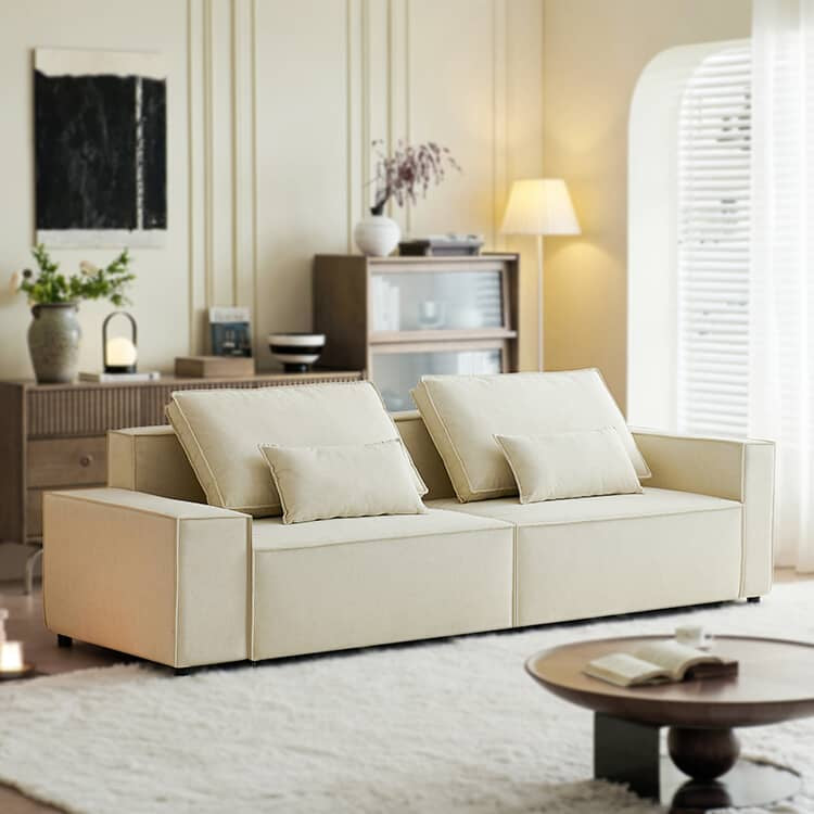 Stylish Beige Faux Leather Sofa with Elegant Pine Wood Frame fwlp-939