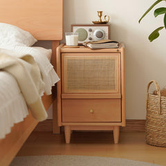 Beech Wood Rattan Nightstand - Natural Wood Color Multi-Layer Board fxgmz-589