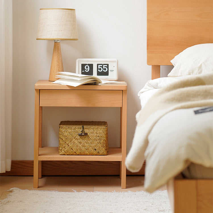 Sleek Beech Wood Nightstand - Durable Multi-Layer Board in Natural Finish fxgmz-590