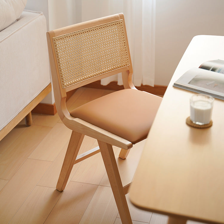 Minimalistic Dining Chair with Rattan Back & Brown PU Leather Cushion Seat fxgmz-592