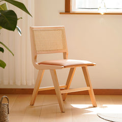 Minimalistic Dining Chair with Rattan Back & Brown PU Leather Cushion Seat fxgmz-592