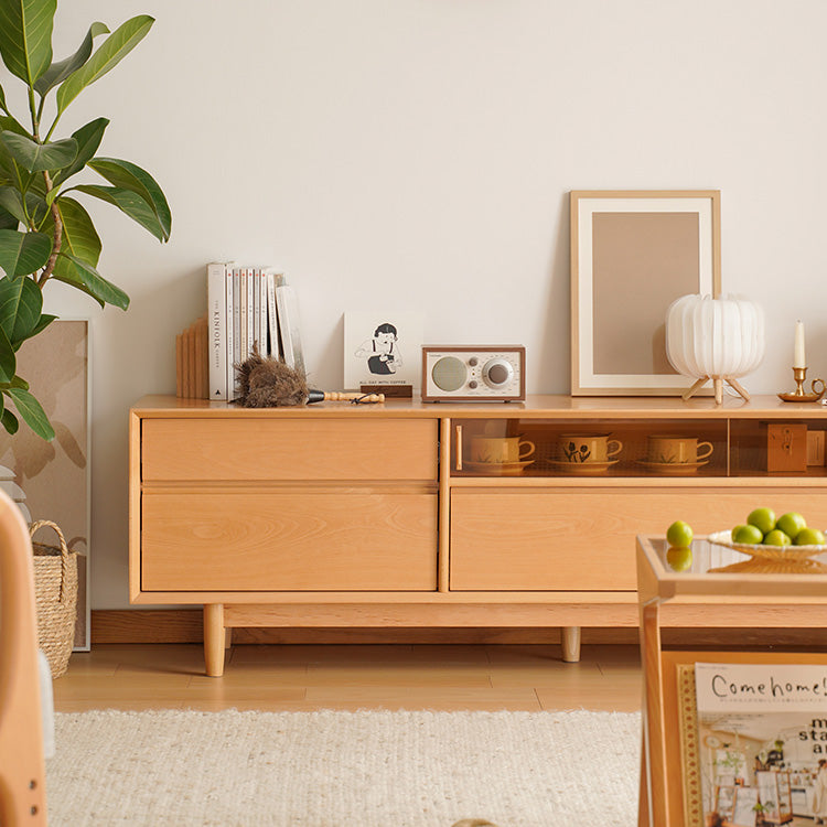 Stylish Beech Wood TV Cabinet with Metal & Glass Shelving fxgmz-613