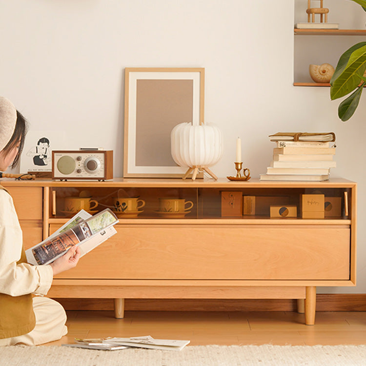 Stylish Beech Wood TV Cabinet with Metal & Glass Shelving fxgmz-613