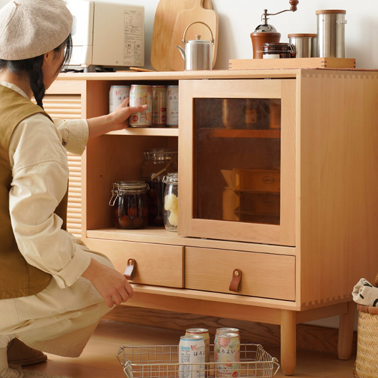 Stylish Beech Wood Multi-Layer Cabinet with Glass Doors and Synthetic Leather Accents fxgmz-614