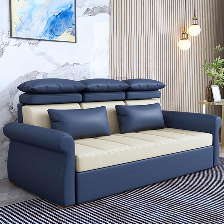 Modern Techno Fabric Sofa Bed in Blue, Green, Dark Gray, and Light Wood Finish fxgz-290