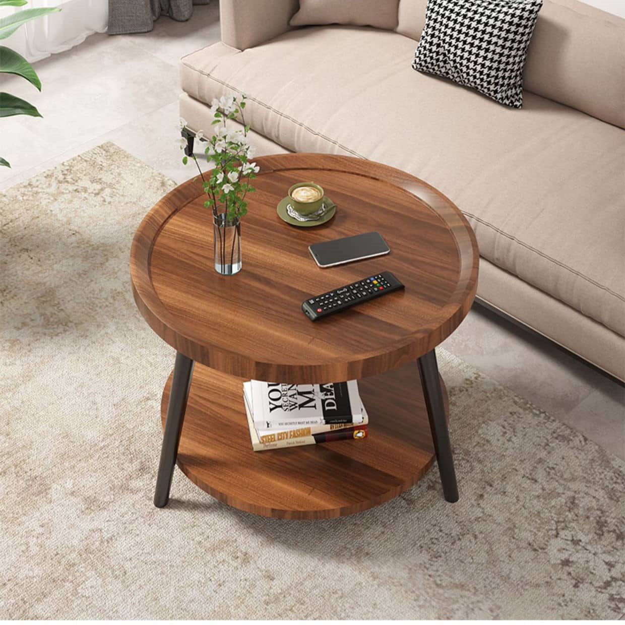 Chic Modern Wood Coffee Table round with storage: Elegan Multi-Tone for Contemporary Living fxjc-923