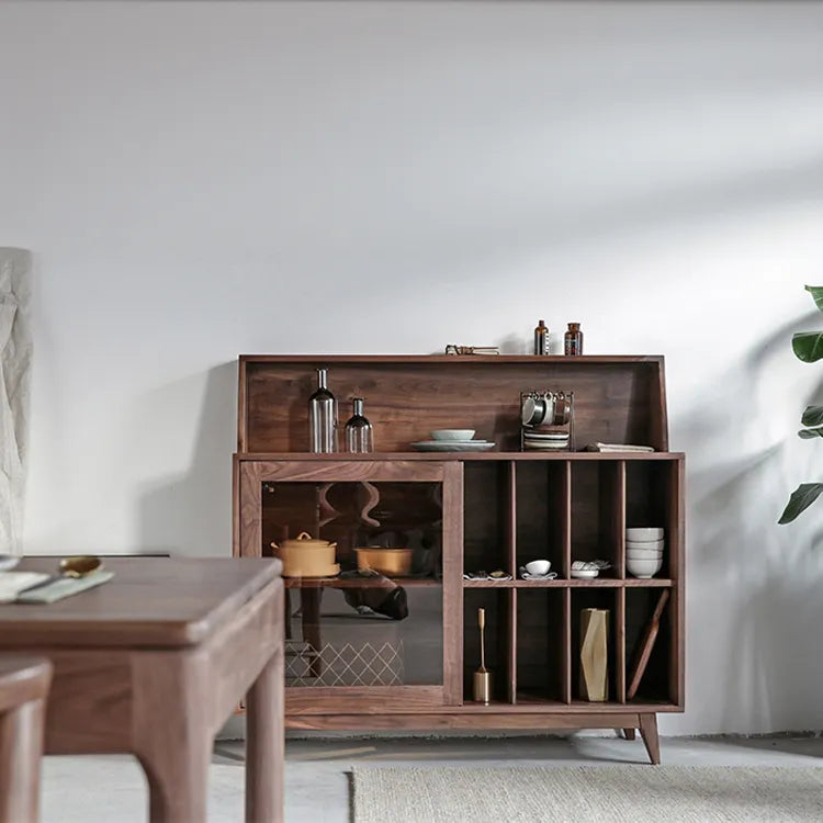 Sleek Pine and Walnut Wood Cabinet with Glass Display - Modern Storage Solution fyf-2228