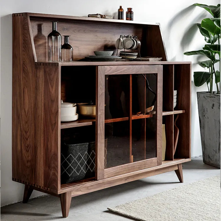 Sleek Pine and Walnut Wood Cabinet with Glass Display - Modern Storage Solution fyf-2228