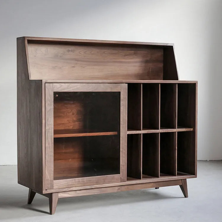 Sleek Pine and Walnut Wood Cabinet with Glass Display - Modern Storage Solution fyf-2228