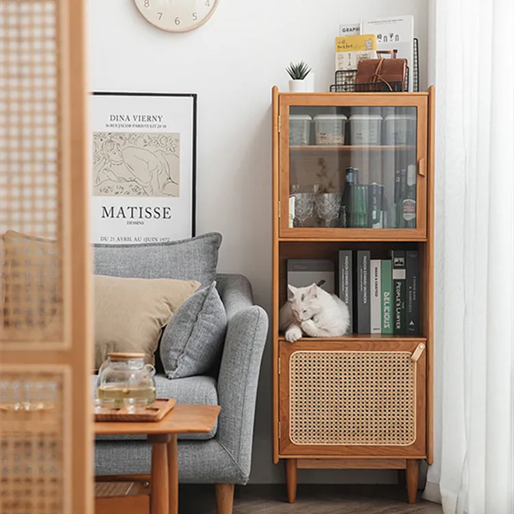 Solid Wood Rattan & Glass Cabinet - Elegant Storage Solution for Modern Living Rooms fyf-2239