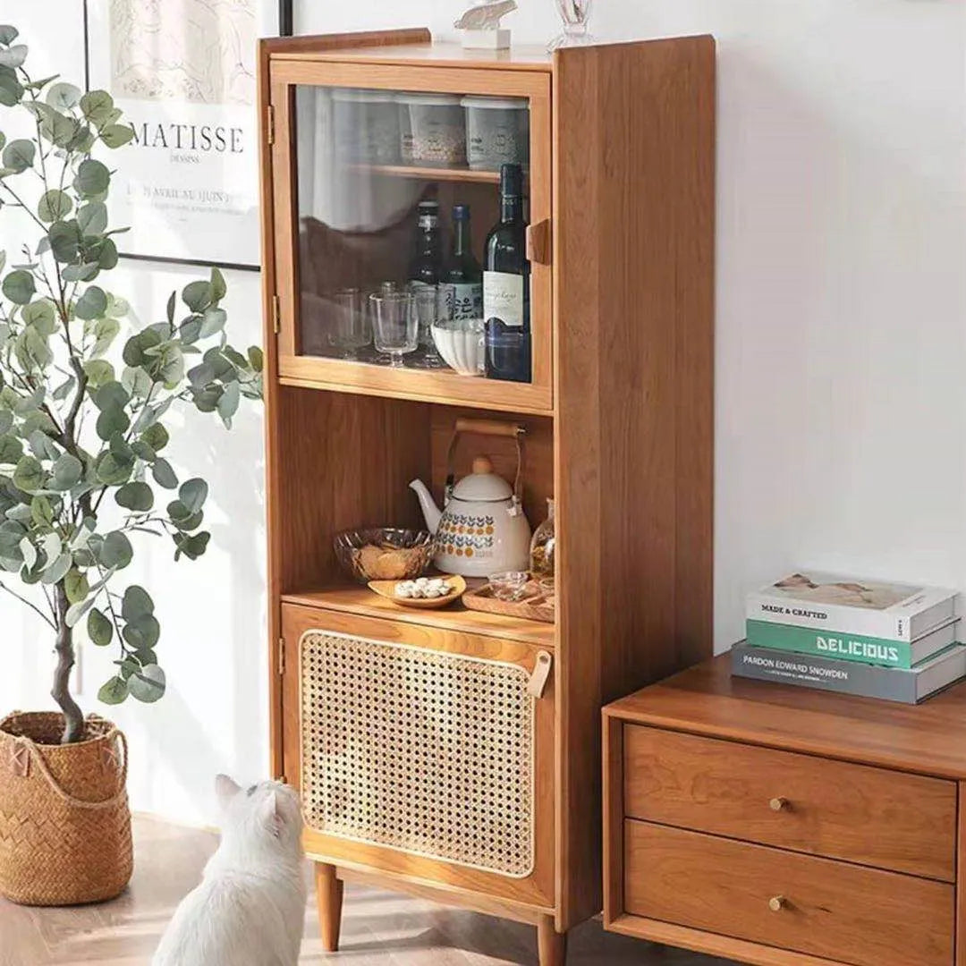 Solid Wood Rattan & Glass Cabinet - Elegant Storage Solution for Modern Living Rooms fyf-2239