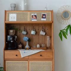 Elegant Solid Wood Cabinet with Rattan & Glass Doors for Stylish Storage fyf-2240