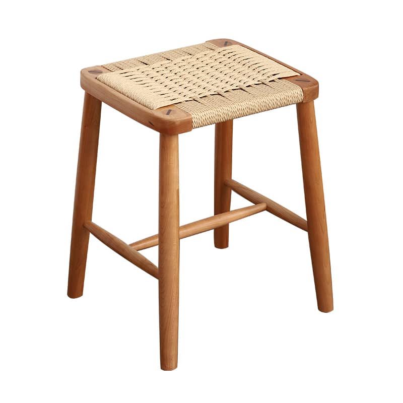 Handcrafted Cherry Wood Stool with Rattan Seat and Linen Cushion fyg-662