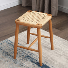 Handcrafted Cherry Wood Stool with Rattan Seat and Linen Cushion fyg-662