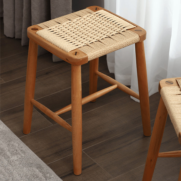 Handcrafted Cherry Wood Stool with Rattan Seat and Linen Cushion fyg-662