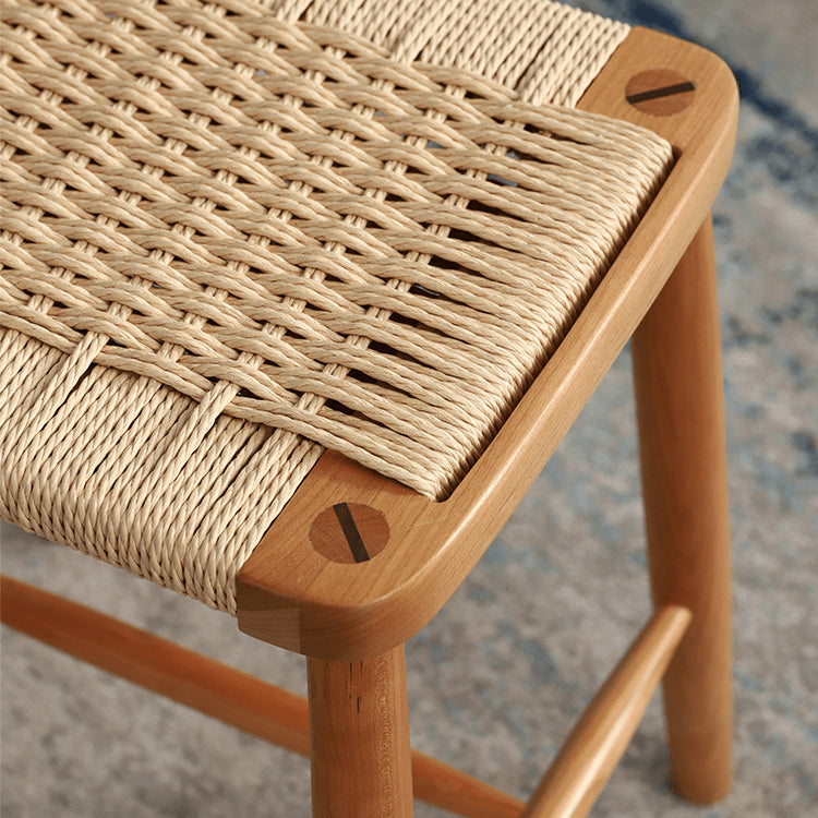 Handcrafted Cherry Wood Stool with Rattan Seat and Linen Cushion fyg-662