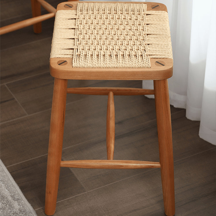 Handcrafted Cherry Wood Stool with Rattan Seat and Linen Cushion fyg-662