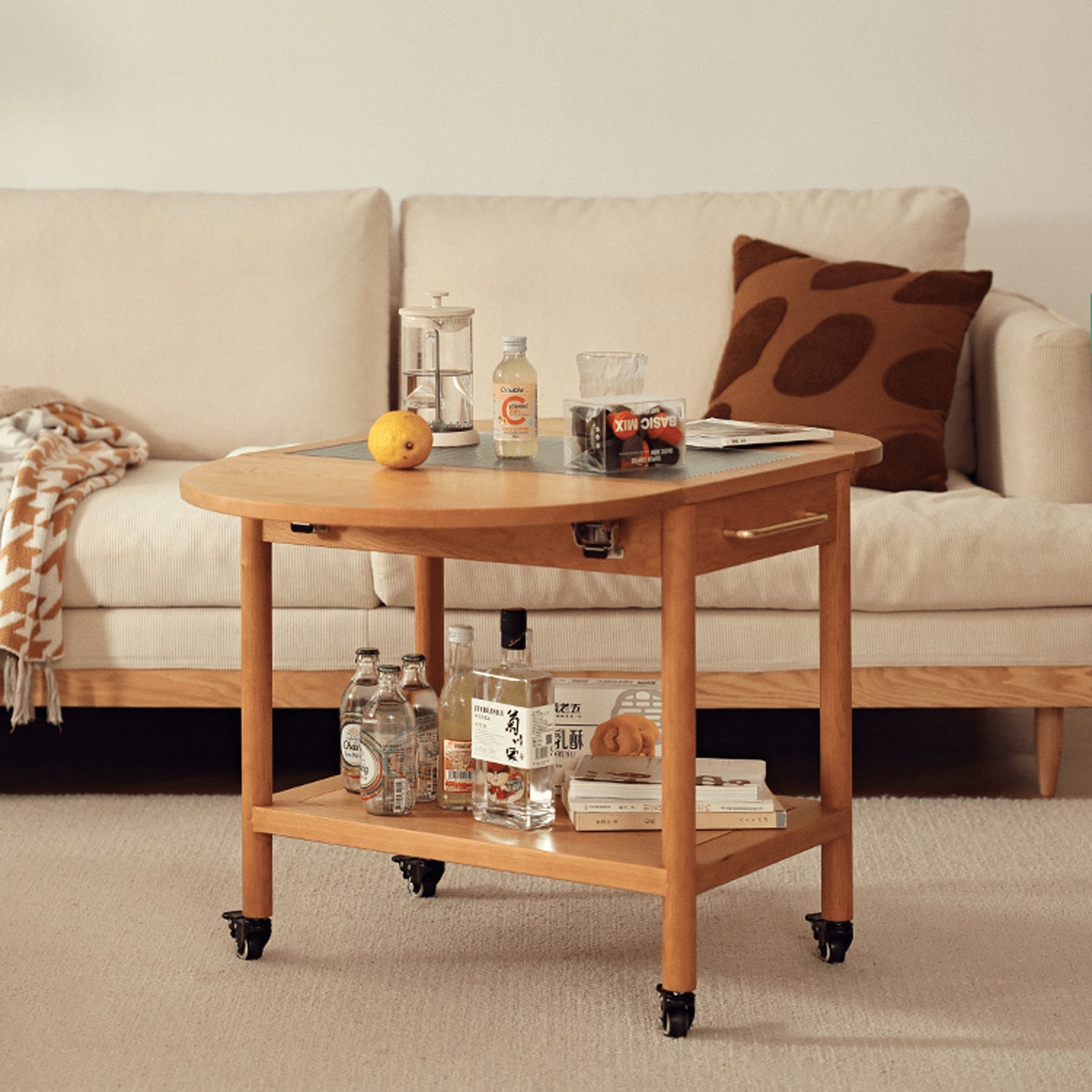 Modern End Table with Extensible Top and Wheels – Perfect Design for All Your Rooms  - Natural Brown Finish fyg-666