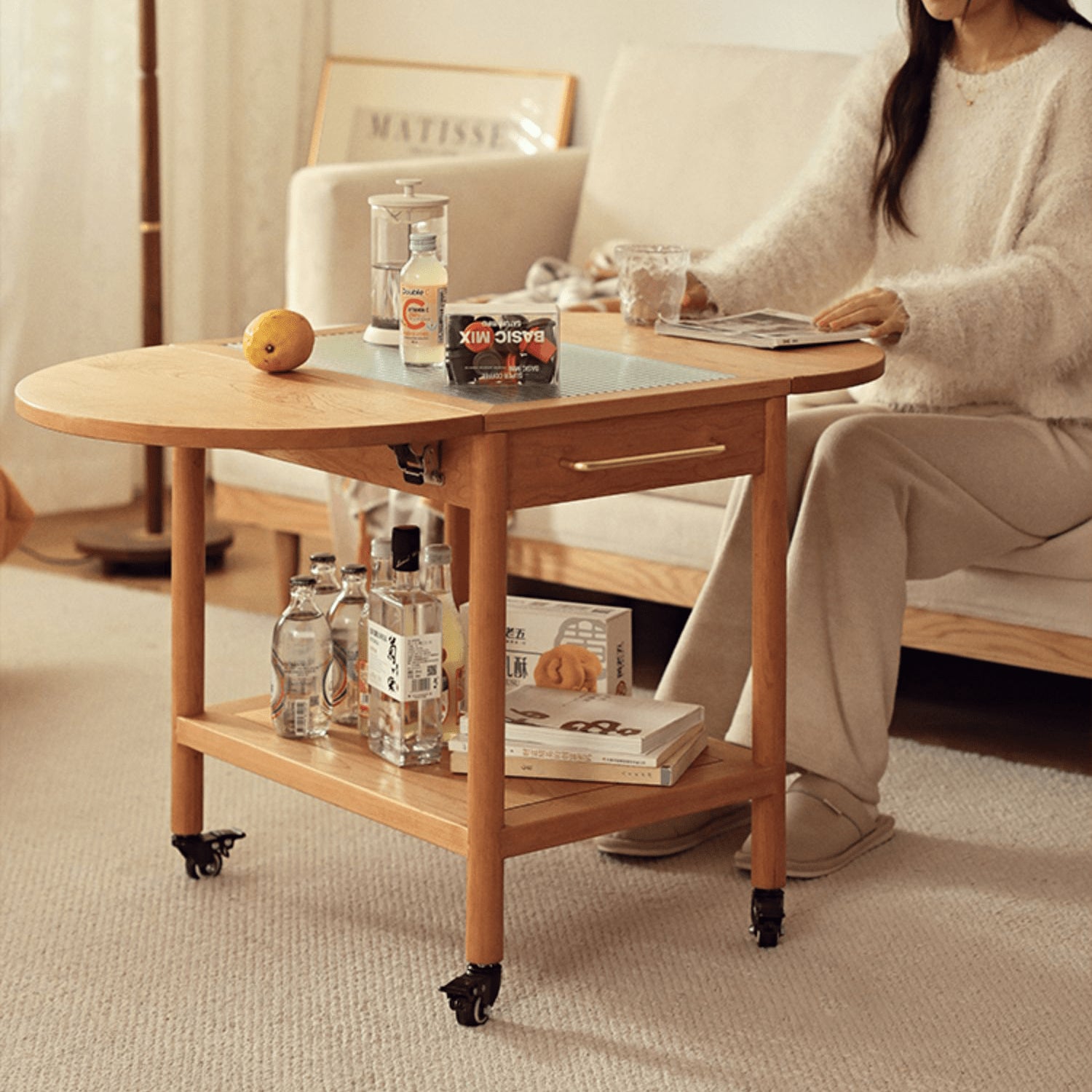 Modern End Table with Extensible Top and Wheels – Perfect Design for All Your Rooms  - Natural Brown Finish fyg-666