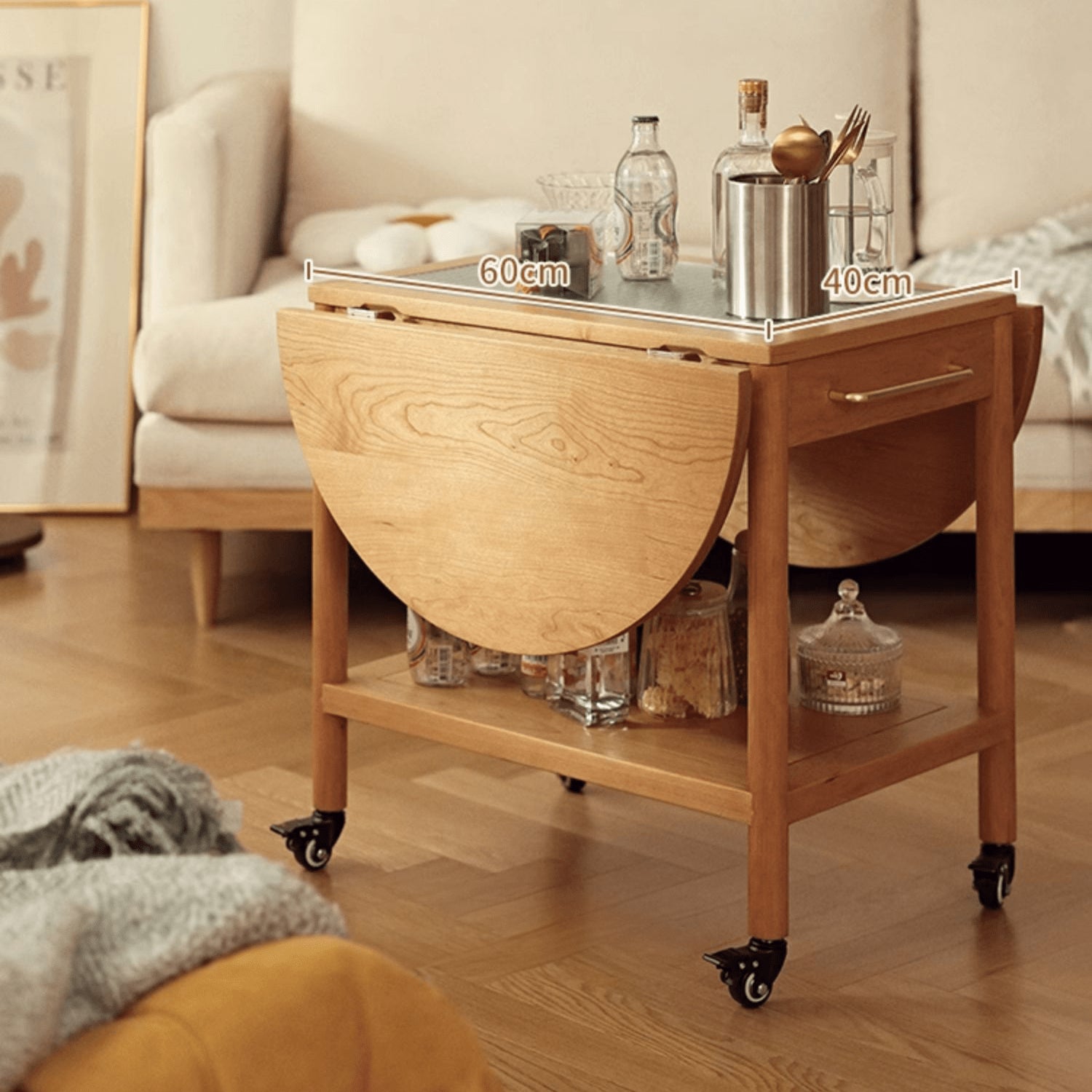 Modern End Table with Extensible Top and Wheels – Perfect Design for All Your Rooms  - Natural Brown Finish fyg-666