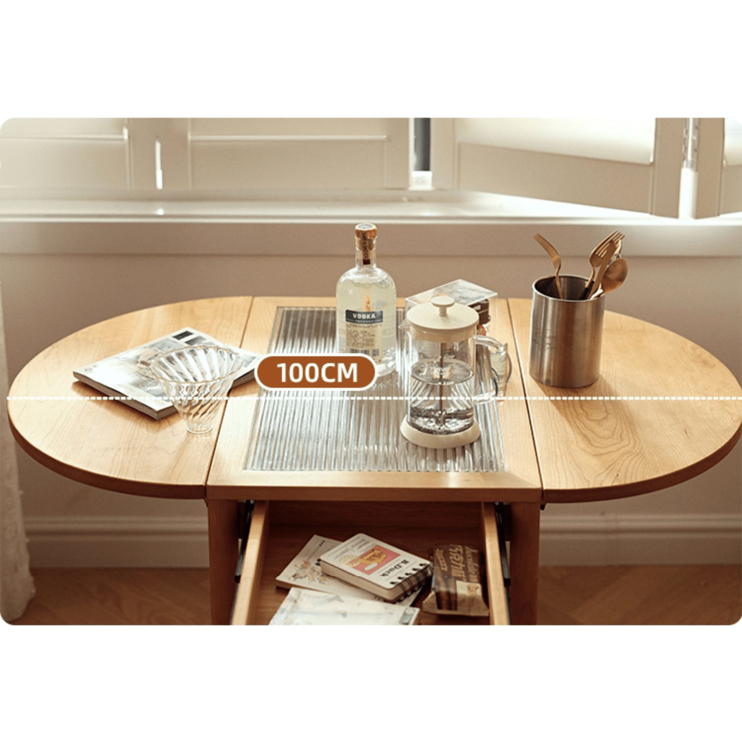 Modern End Table with Extensible Top and Wheels – Perfect Design for All Your Rooms  - Natural Brown Finish fyg-666