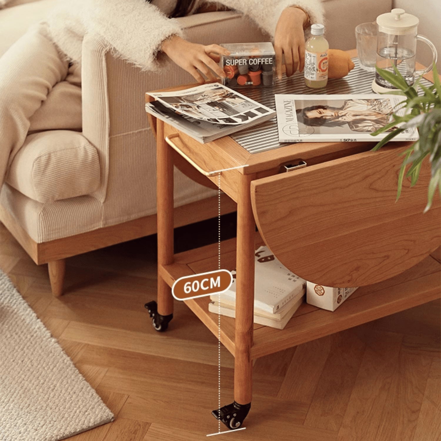 Modern End Table with Extensible Top and Wheels – Perfect Design for All Your Rooms  - Natural Brown Finish fyg-666