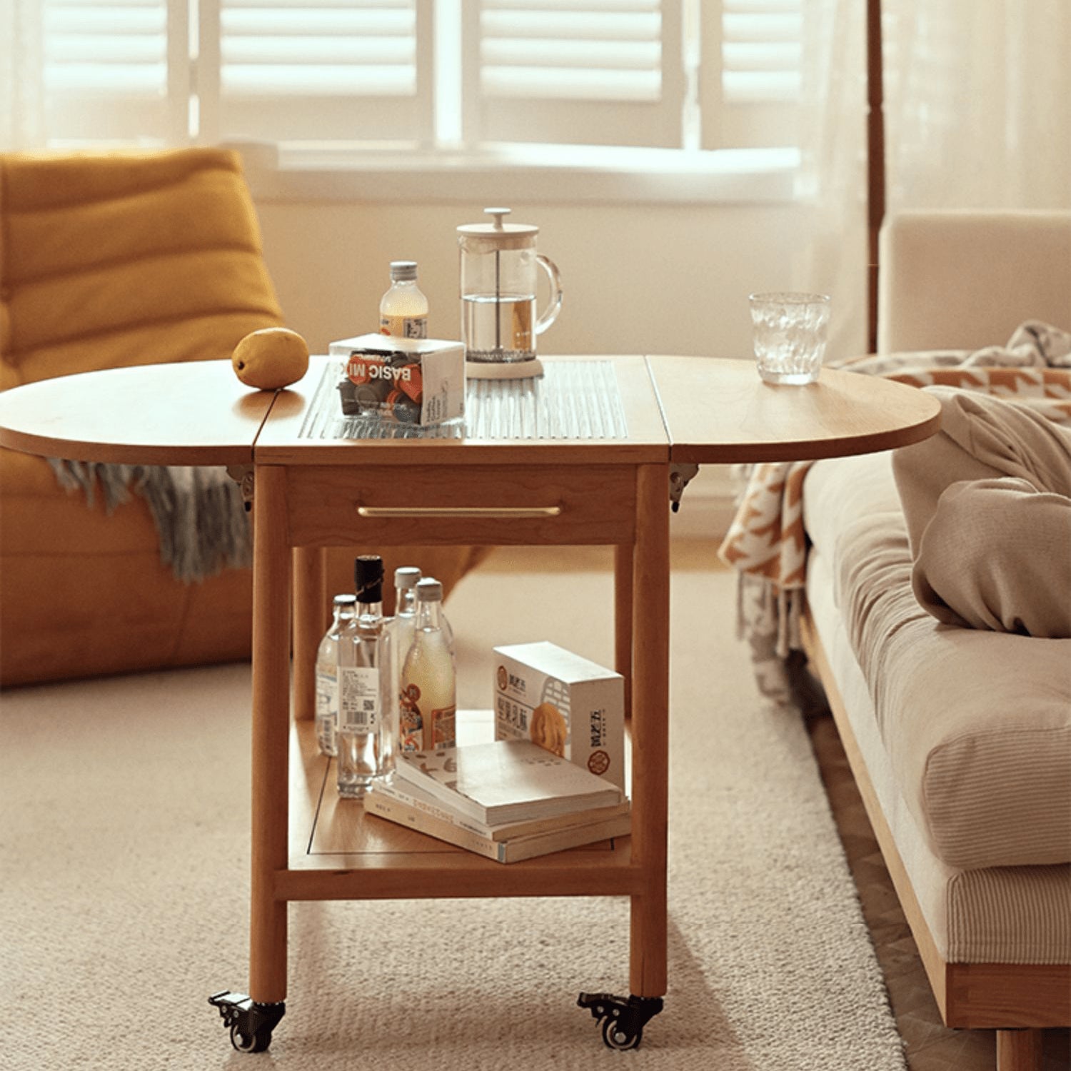 Modern End Table with Extensible Top and Wheels – Perfect Design for All Your Rooms  - Natural Brown Finish fyg-666