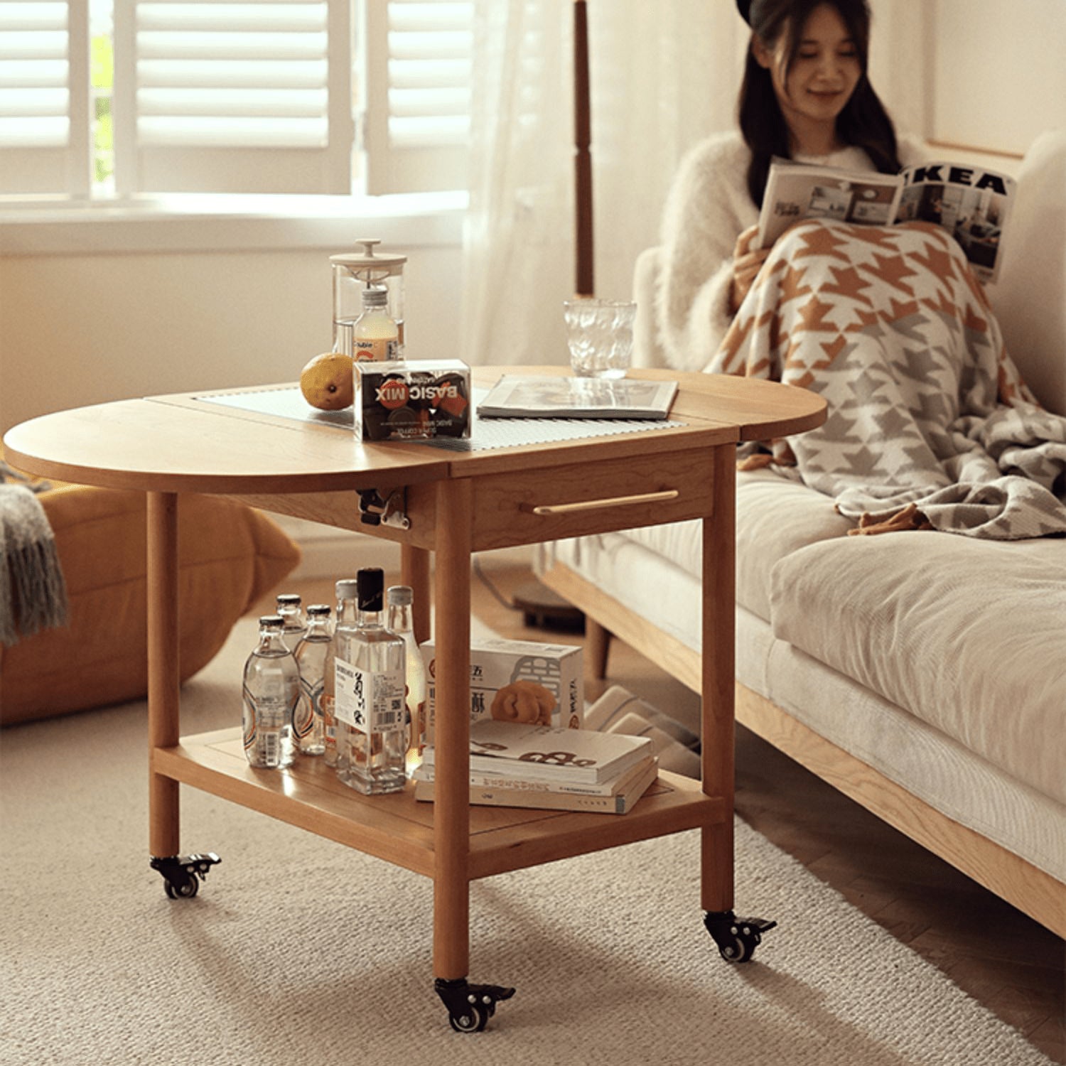 Modern End Table with Extensible Top and Wheels – Perfect Design for All Your Rooms  - Natural Brown Finish fyg-666