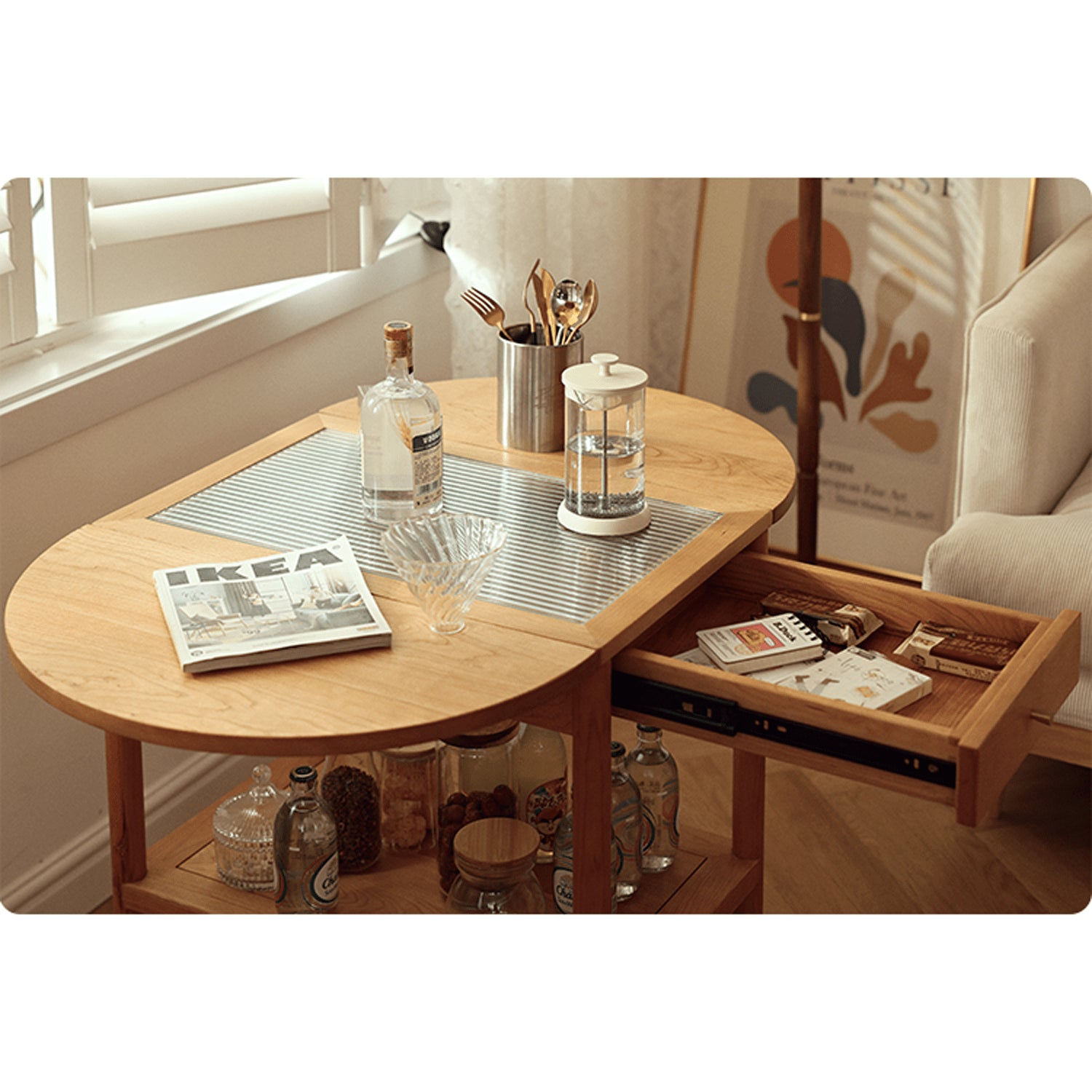 Modern End Table with Extensible Top and Wheels – Perfect Design for All Your Rooms  - Natural Brown Finish fyg-666