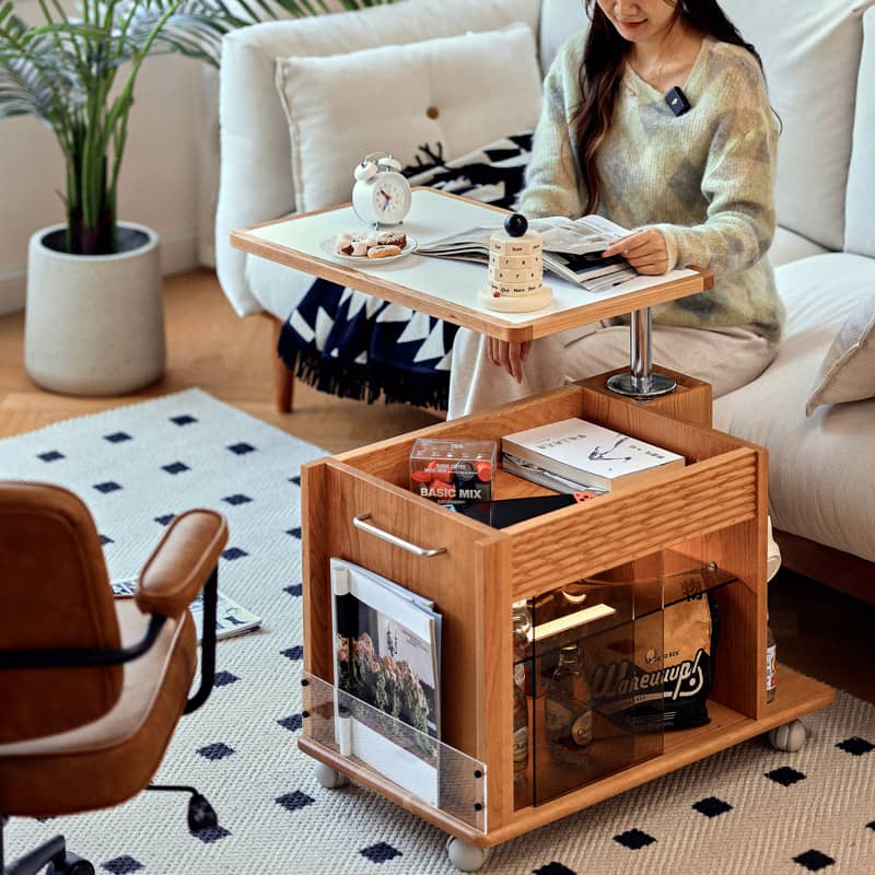 Cherry Wood End Table with Lift Top and Multi-functional Storage - Narrow Side Table with Wheels fyg-668