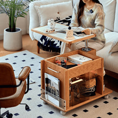 Cherry Wood End Table with Lift Top and Multi-functional Storage - Narrow Side Table with Wheels fyg-668